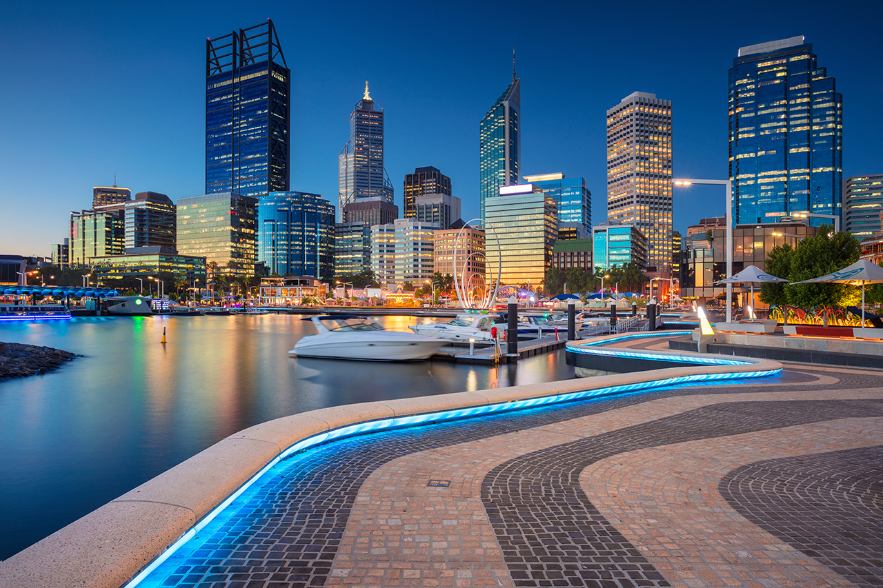 Perth.,Cityscape,Image,Of,Perth,Downtown,Skyline,,Australia,During,Sunset.